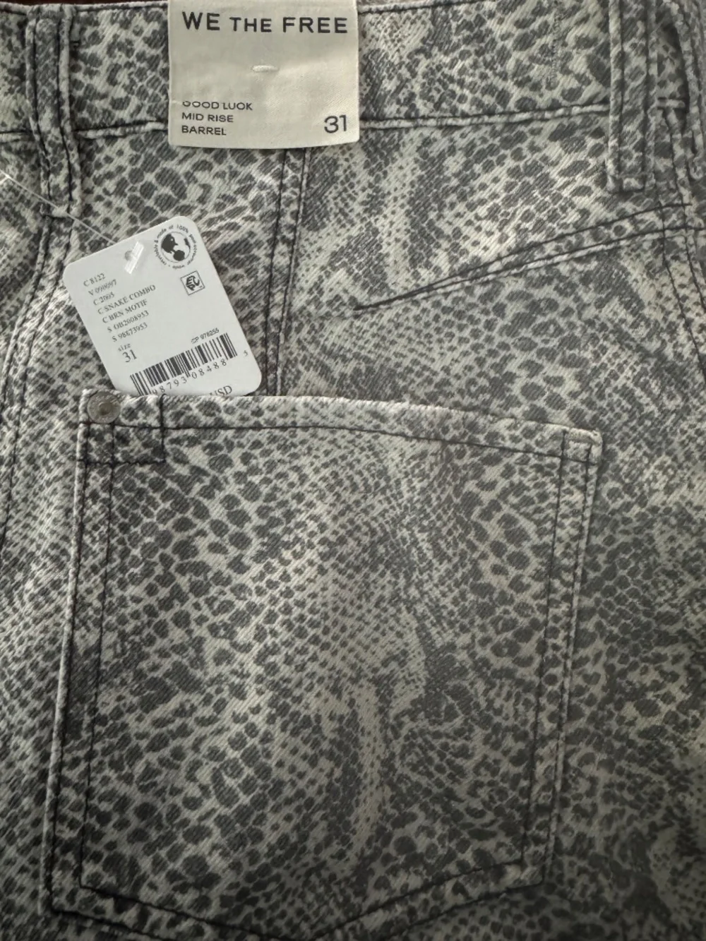 NWT Free People Printed Barrel Jeans, Size 31/US Size 12